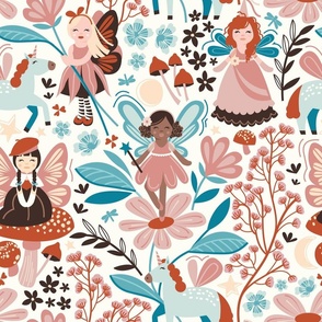 Normal scale // Fairy garden // natural white background coral dry pink blue and brown oak cute fairies and unicorns in a enchanted flower garden
