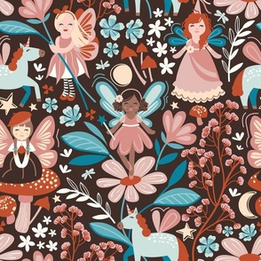 Normal scale // Fairy garden // brown oak background coral dry pink blue and brown oak cute fairies and unicorns in a enchanted flower garden