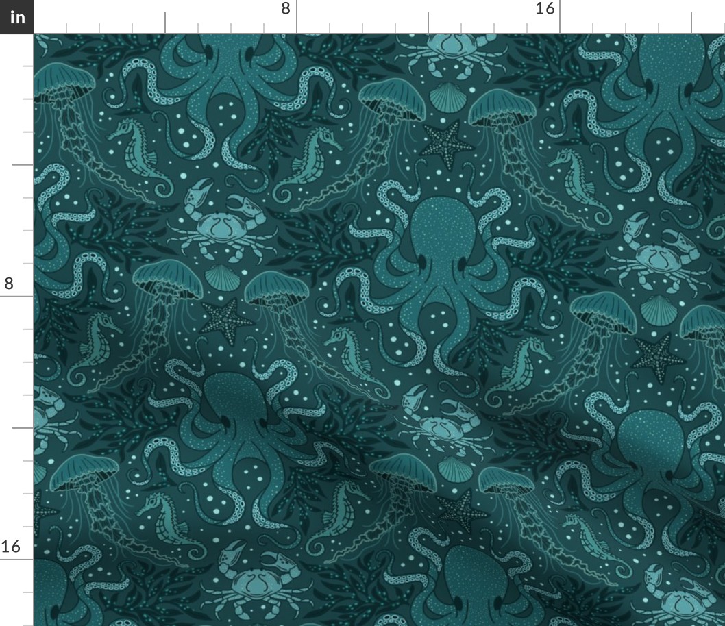 Ocean Discoveries Damask - Dark Teal - Octopus, Jellyfish, Crab, Seahorse, Seaweed, Starfish by Angel Gerardo