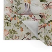 18" Step into a Victorian Gothic Fairytale: Little Fairies and Wild Animals in Autumn Woodland. Immerse in the Sepia-Toned Nostalgic Antiqued Romantism with Mushroom-Adorned Wallpaper