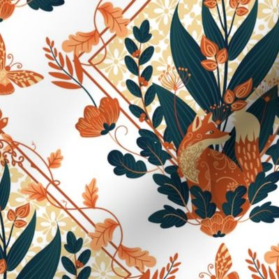 Modern Damask Foxes Whimsical Garden  - Large Scale