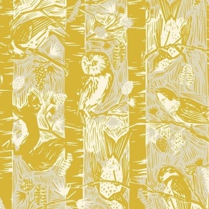 Woodcut Whimsy — Medium Scale — in Mustard Yellow Neutral Gray ©TaraLanglois
