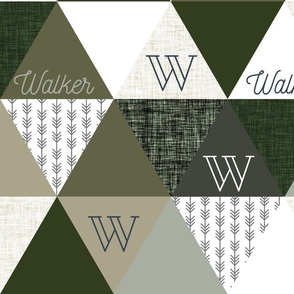 Walker: Nickainley Font on 6" triangle wholecloth: charcoal arrows + seaweed, latte, sage, forest, olive