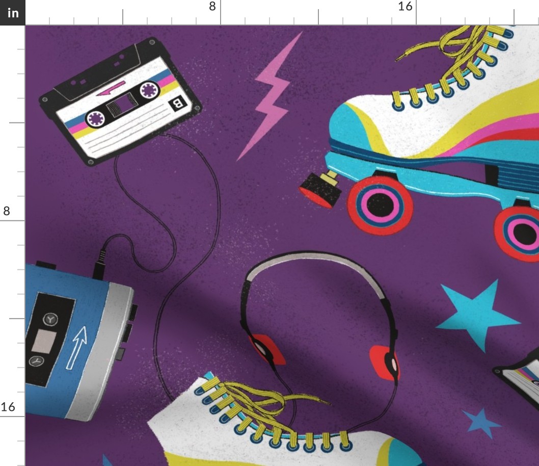 Roller Skates retro walkman and cassette tapes  (Purple) - Large