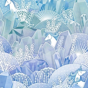 Ice Crystal Garden with Unicorns- Frozen Magical Crystals- Whimsical Unicorn- Fairytale- Novelty- Kids- Children- Horses- Blue Nursery Wallpaper- Medium