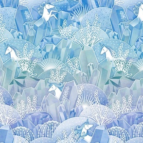 Ice Crystal Garden with Unicorns- Frozen Magical Crystals- Whimsical Unicorn- Fairytale- Novelty- Kids- Children- Horses- Blue Nursery Wallpaper- Small