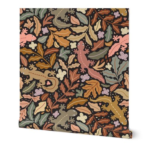 Hidden leaf-tailed geckos and flower-butterflies - large scale for wallpaper and bedding