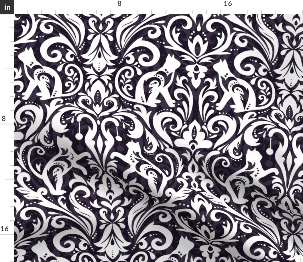 Victorian whimsical funny cat damask dark gray