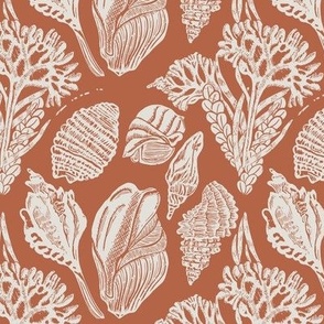 coastal sea shells and coral block print  in ivory on crimson red