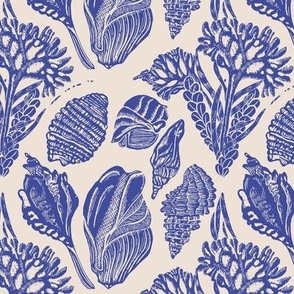 coastal sea shells and coral block print  in royal blue on ivory