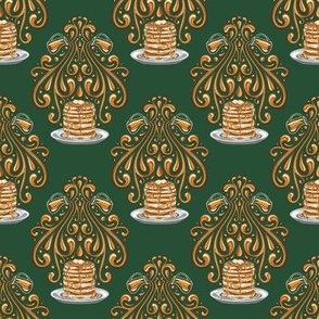 Pancakes & Maple Syrup Damask // Small on Dark Green 