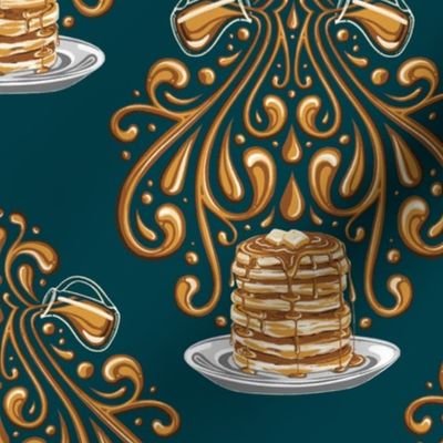 Pancakes & Maple Syrup Damask // Medium in Dark Teal 