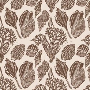 coastal sea shells and coral block print  in  vintage brown on ivory (small scale)