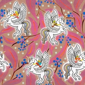 Whimsical birds on unicorns pink leaves on beige dew drops 