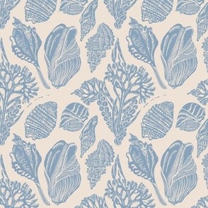 coastal sea shells and coral block print  in periwinkle blue on ivory