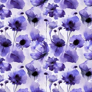 Wild Poppy Flower Loose Abstract Watercolor Floral Pattern Purple Smaller Scale