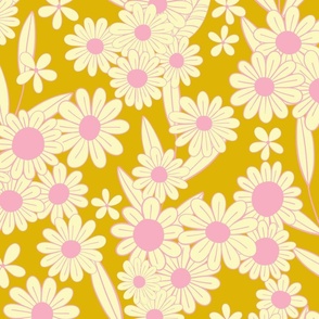 Hand-drawn stylized flowers with stems in Pinks, Yellow, Mustard, Gold