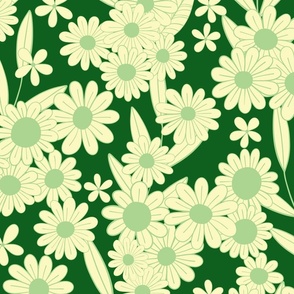Hand-drawn stylized flowers with stems in forest green and mint.