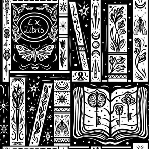 Magic library with books, moths, keys and herbs. Black and white block print linocut