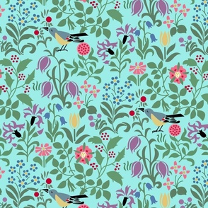 CFA Voysey Garden Birds Tulips Art Deco Vintage Flowers on Teal