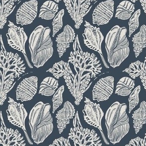 coastal sea  shells and coral block print  in ivory on antique dark blue