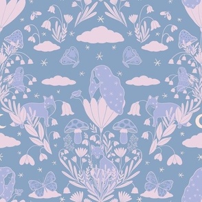 Pastel colors whimsical fairyland repeat pattern design featuring fairies, foxes, butterflies, clouds, starry night sky, moon and flowers in violet, pink and light blue backdrop JUMBO