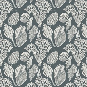Coastal sea  shells and coral block print  in ivory on dark pewter gray (small scale)