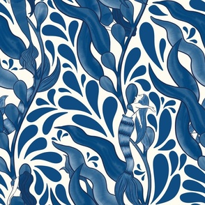 hidden mermaids in kelp forest-blue and white- large scale