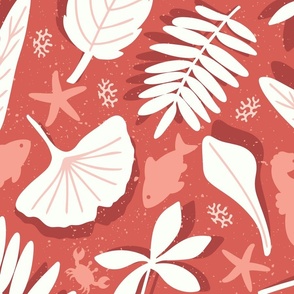 Hidden Whimsey Sea Creatures Among Leaves in Red