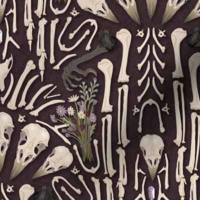 Corvid bones art deco - whimsical abstract geometric with skulls and bones, raven claw, dried flowers - plum - medium