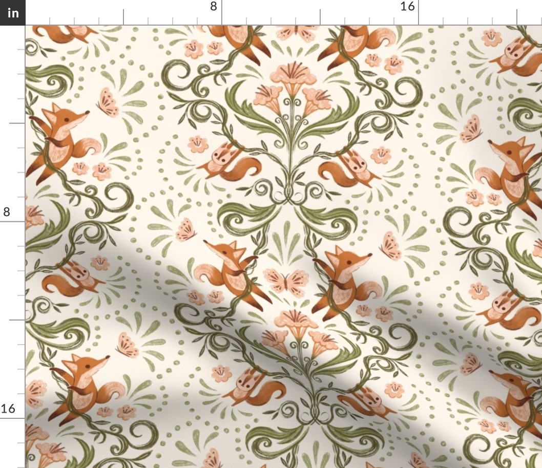 Whimsical Orange Fox and Squirrel in Woodland Damask - medium