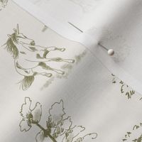 Toile de jouy unicorn - olive green and off-white background