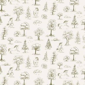 Toile de jouy unicorn - olive green and off-white background