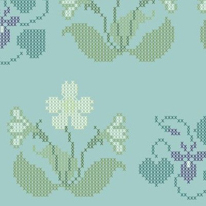  Cross-stitch primrose & violet border embroidery pattern and cheater fabric - look at swatch view to see stitches 
