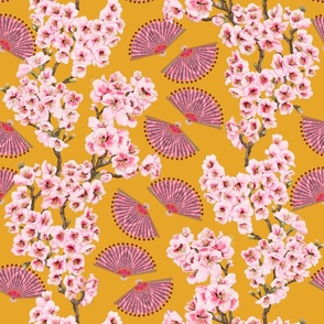 Cherry blossom stripe with fans on yellow