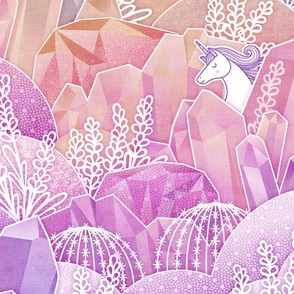 Crystal Garden with Unicorns- Magical Crystals- Whimsical Unicorn- Fairytale- Novelty- Kids- Children- Horses- Multicolor Nursery Wallpaper- Coral- Pink- Magenta- Rose- Violet- Purple- Large