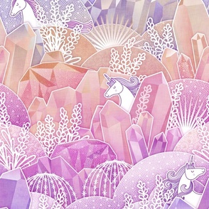 Crystal Garden with Unicorns- Magical Crystals- Whimsical Unicorn- Fairytale- Novelty- Kids- Children- Horses- Multicolor Nursery Wallpaper- Coral- Pink- Magenta- Rose- Violet- Purple- Medium