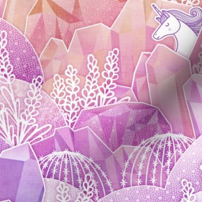 Crystal Garden with Unicorns- Magical Crystals- Whimsical Unicorn- Fairytale- Novelty- Kids- Children- Horses- Multicolor Nursery Wallpaper- Coral- Pink- Magenta- Rose- Violet- Purple- Small