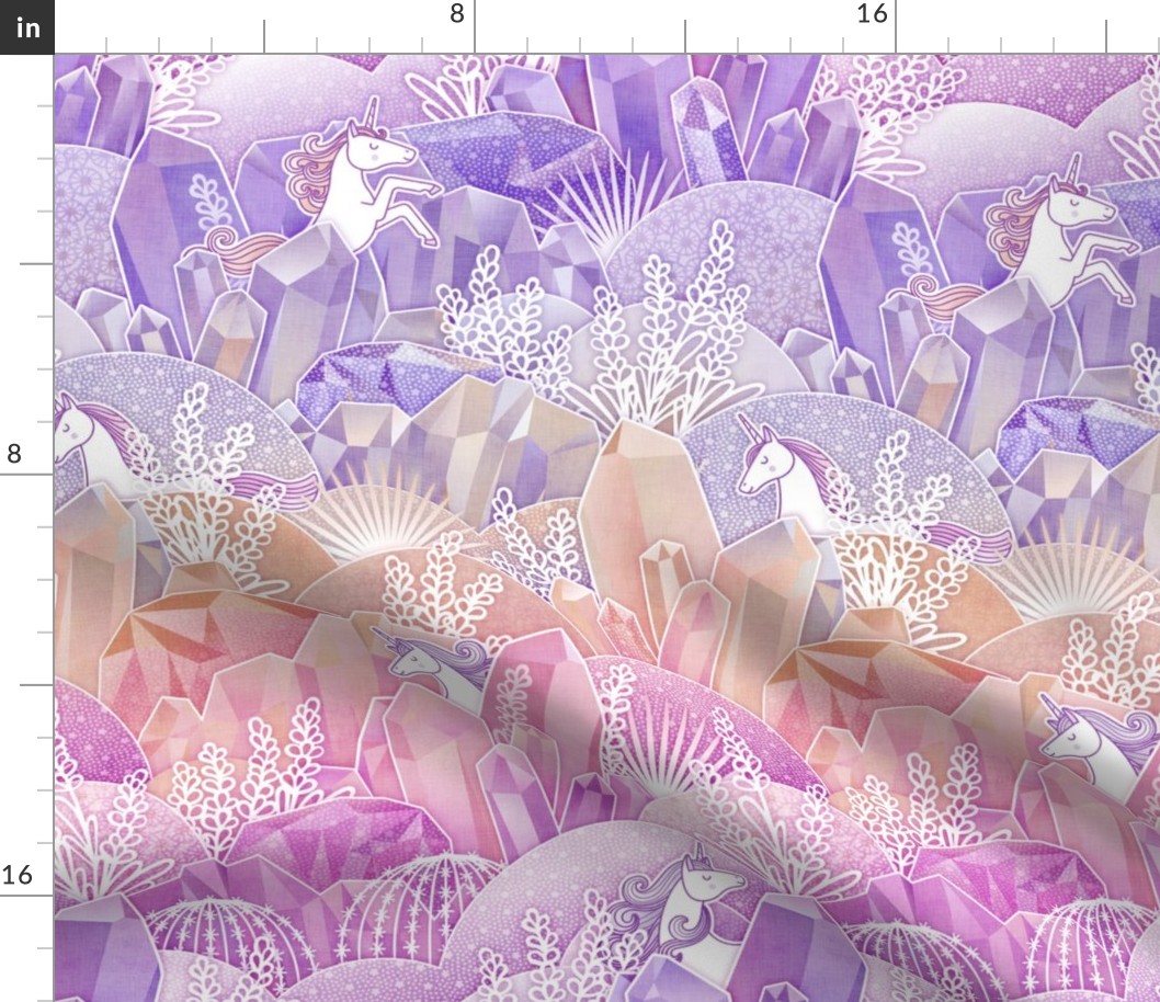 Crystal Garden with Unicorns- Magical Crystals- Whimsical Unicorn- Fairytale- Novelty- Kids- Children- Horses- Multicolor Nursery Wallpaper- Coral- Pink- Magenta- Rose- Violet- Purple- Small