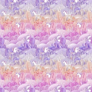 Crystal Garden with Unicorns- Magical Crystals- Whimsical Unicorn- Fairytale- Novelty- Kids- Children- Horses- Multicolor Nursery Wallpaper- Coral- Pink- Magenta- Rose- Violet- Purple- sMini