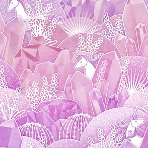 Crystal Garden with Unicorns- Magical Crystals- Whimsical Unicorn- Fairytale- Novelty- Kids- Children- Horses- Pink Nursery Wallpaper- Magenta- Rose- Violet- Purple- Medium