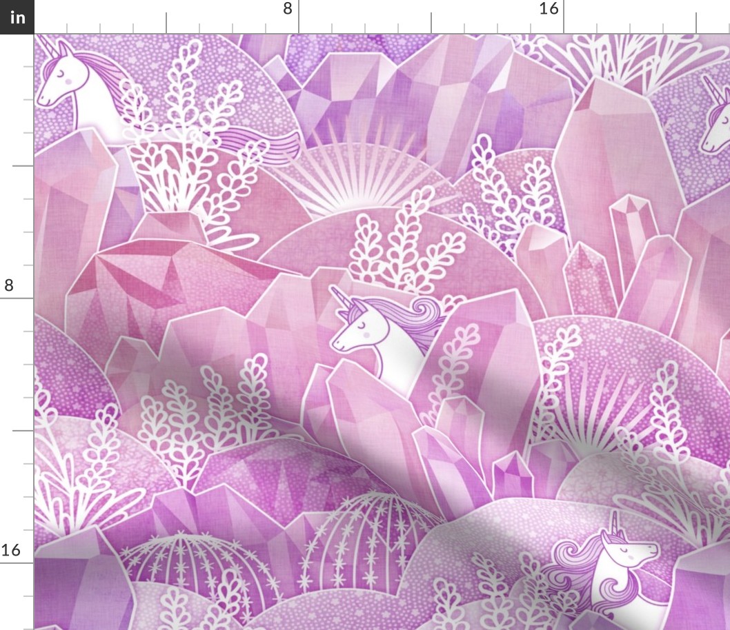 Crystal Garden with Unicorns- Magical Crystals- Whimsical Unicorn- Fairytale- Novelty- Kids- Children- Horses- Pink Nursery Wallpaper- Magenta- Rose- Violet- Purple- Medium