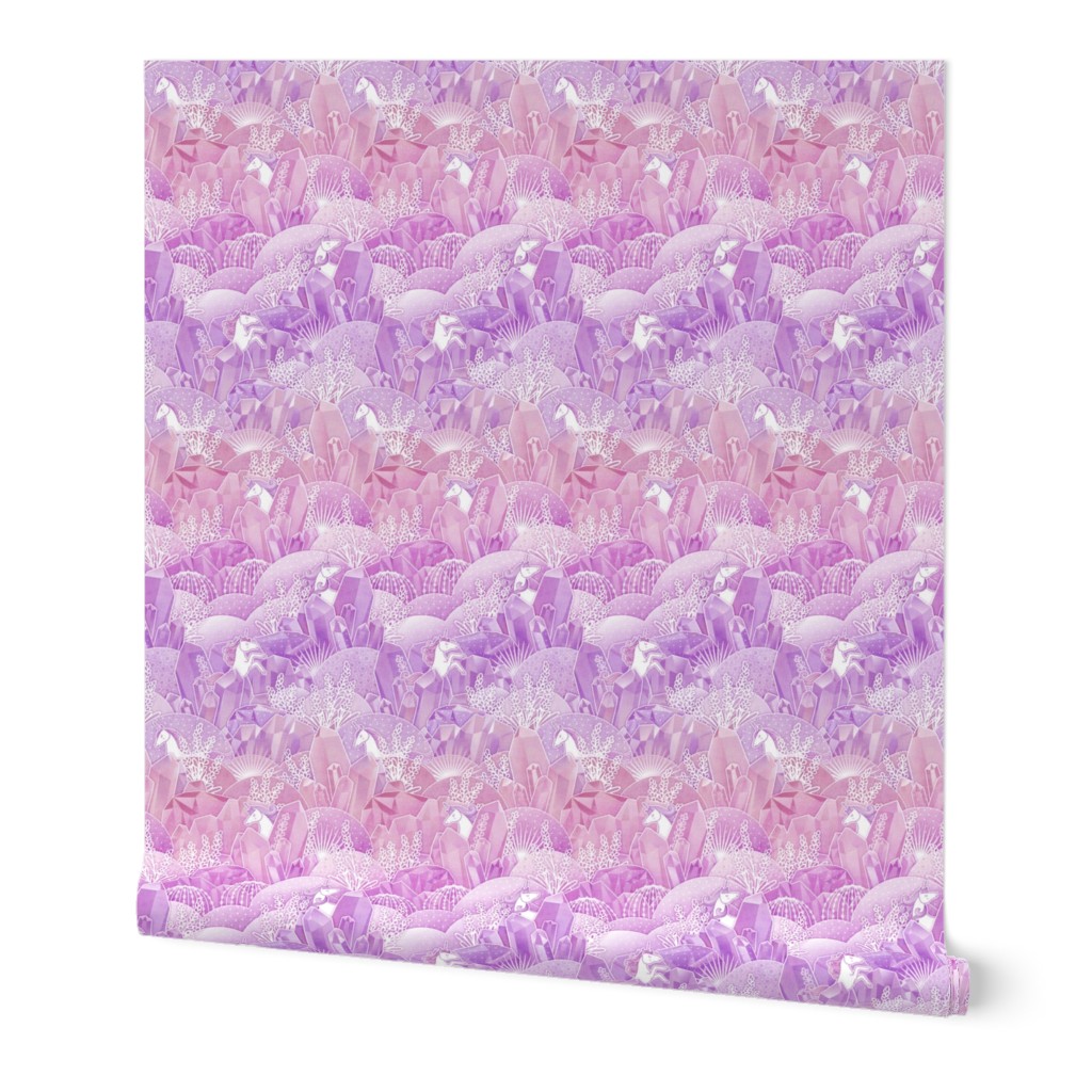 Crystal Garden with Unicorns- Magical Crystals- Whimsical Unicorn- Fairytale- Novelty- Kids- Children- Horses- Pink Nursery Wallpaper- Magenta- Rose- Violet- Purple- Small