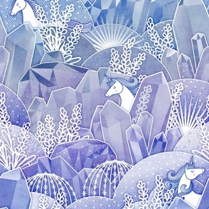 Ice Crystal Garden with Unicorns- Frozen Magical Crystals- Whimsical Unicorn- Fairytale- Novelty- Kids- Children- Horses- Indigo Nursery Wallpaper- Blue- Purple-Lavender- Violet- Medium