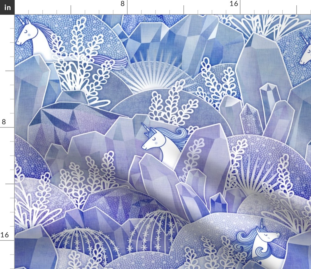 Ice Crystal Garden with Unicorns- Frozen Magical Crystals- Whimsical Unicorn- Fairytale- Novelty- Kids- Children- Horses- Indigo Nursery Wallpaper- Blue- Purple-Lavender- Violet- Medium