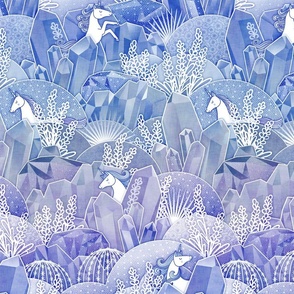 Ice Crystal Garden with Unicorns- Frozen Magical Crystals- Whimsical Unicorn- Fairytale- Novelty- Kids- Children- Horses- Indigo Nursery Wallpaper- Blue- Purple-Lavender- Violet- Small