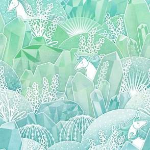 Ice Crystal Garden with Unicorns- Frozen Magical Crystals- Whimsical Unicorn- Fairytale- Novelty- Kids- Children- Horses- Mint Nursery Wallpaper- Turquoise- Green- Medium