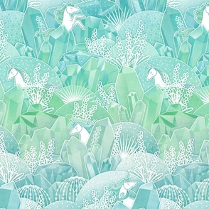 Ice Crystal Garden with Unicorns- Frozen Magical Crystals- Whimsical Unicorn- Fairytale- Novelty- Kids- Children- Horses- Mint Nursery Wallpaper- Turquoise- Green- Small