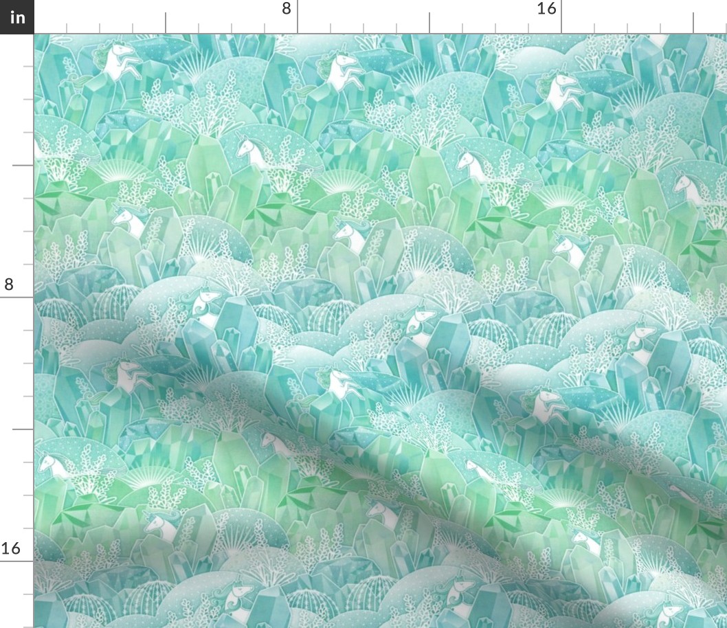 Ice Crystal Garden with Unicorns- Frozen Magical Crystals- Whimsical Unicorn- Fairytale- Novelty- Kids- Children- Horses- Mint Nursery Wallpaper- Turquoise- Green- sMini
