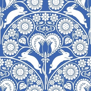Rabbits with flowering trees - Cobalt Blue